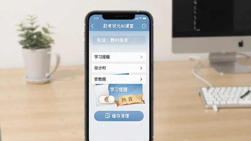 赶考状元AI课堂手机端操作界面展示,屏幕显示年级和教材版本设置页面,旁边有学习提醒开关和缓存清理按钮,背景为简洁的桌面环境,风格实用清晰,画质干净无多余元素