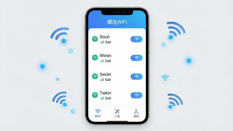 一张手机应用界面展示图,画面中央是手机屏幕,屏幕内显示“顺连WiFi”APP的主界面,顶部是蓝色渐变导航栏写着“顺连WiFi”,中间是WiFi热点列表,每个热点名称旁有信号强度图标和连接按钮,底部有三个选项卡分别是“WiFi”“工具”“我的”,背景是浅灰色,周围点缀几个漂浮的WiFi信号小图标和蓝色光点,风格简洁现代扁平化,细节圆润干净,画质清晰无多余元素