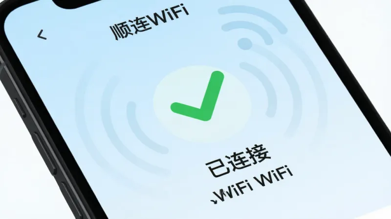 一张手机屏幕特写图,画面展示“顺连WiFi”APP的连接成功界面,屏幕中央是一个大大的绿色对勾图标,下方文字显示“已连接”和WiFi名称,背景是淡蓝色渐变,周围有微弱的信号波纹扩散效果,手机边框为深色,整体风格清爽干净,画质清晰,无杂乱元素