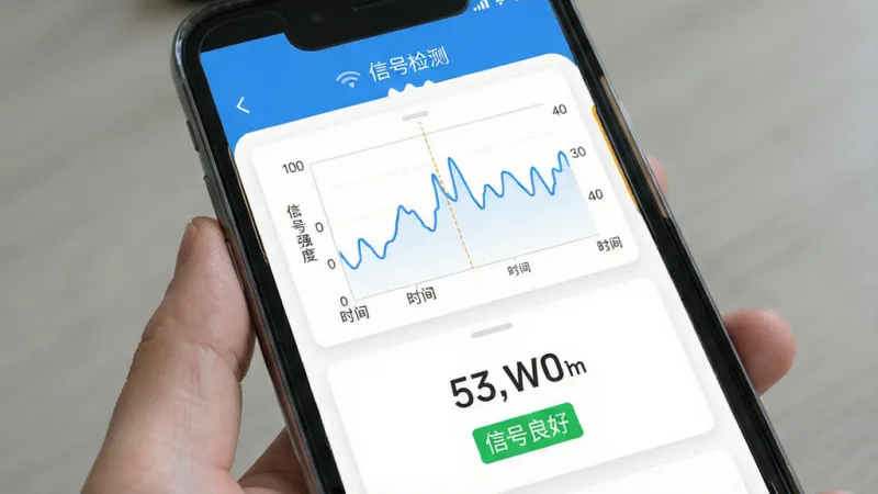 一张手机应用功能展示图,画面中手机屏幕显示“顺连WiFi”APP的信号检测界面,屏幕上半部分是折线图,横轴为时间纵轴为信号强度,曲线呈波动状,下半部分是当前信号数值和“信号良好”的绿色提示标签,背景为白色卡片式布局,顶部有蓝色标题栏写着“信号检测”,整体风格数据可视化简洁风,画质干净清晰