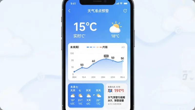 手机屏幕竖版构图,画面中央是“天气准点预警”APP主界面,顶部大字号显示当前实时温度与天气图标,中部是未来两小时分钟级降雨折线图,底部卡片式展示未来七天预报与预警提醒,蓝白渐变配色,界面干净清爽,扁平化设计风格,细节圆润,画质清晰,无多余元素