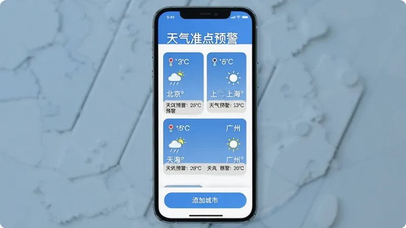 手机屏幕展示“天气准点预警”多城市管理页面,卡片式布局排列着北京、上海、广州等城市天气概览,每张卡片含温度、天气图标与简要预警标签,底部有添加城市按钮,界面清爽,蓝白主色调,扁平设计,画质干净无杂乱