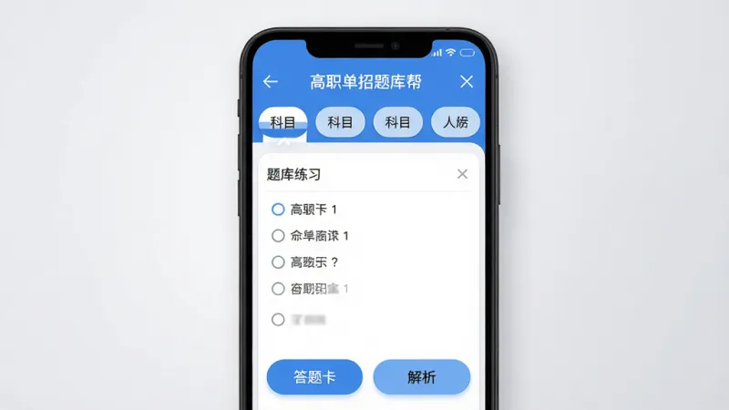 画面主体为一款名为“高职单招题库帮”的手机应用界面展示,布局为居中放置的安卓手机样机,屏幕内显示蓝白色调的题库练习页面,上方有科目分类标签,中间是单选题答题区域,底部是答题卡和解析按钮,排版简洁清晰,风格为扁平化现代设计,细节包含圆角图标和柔和阴影,画质干净高清,背景为浅灰色渐变,无多余装饰元素