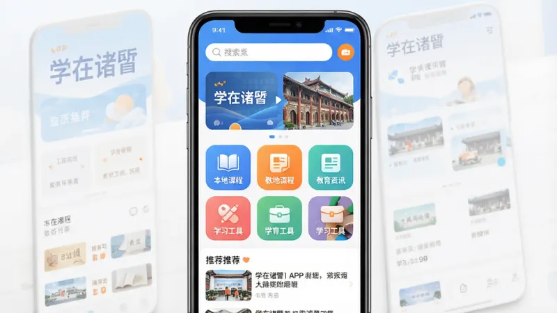 一张展示“学在诸暨”APP首页全貌的图片,主体是手机屏幕内呈现的APP界面,布局上方为搜索栏和轮播图,中间是“本地课程”“教育资讯”“学习工具”等彩色功能图标矩阵,下方为推荐内容列表,排版整齐清晰,风格为现代扁平化设计,细节上图标圆润、配色以蓝白为主辅以橙色点缀,画质干净高清无多余元素