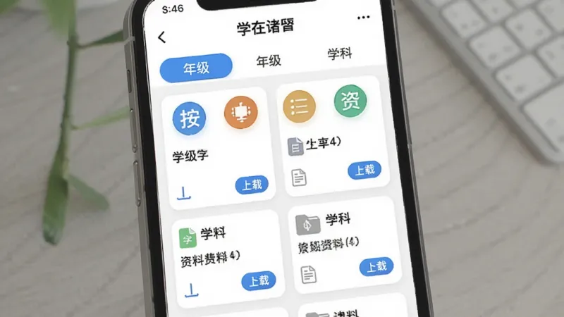 一张展示“学在诸暨”APP内本地化教育资源聚合页面的图片,主体是手机屏幕显示按年级和学科分类的课程列表,布局为顶部年级选项卡,下方为学科图标和资料卡片,排版采用卡片式网格设计,风格简洁明快,细节上资料卡片带有文件类型图标和下载按钮,画质清晰干净无多余元素