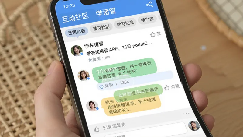 一张展示“学在诸暨”APP学习社区互动界面的图片,主体是手机屏幕显示帖子列表和回复框,布局上方为话题分类标签,中间是用户提问帖和解答回复的对话气泡,排版采用垂直流式布局,风格亲切自然,细节上带有用户头像和点赞图标,画质干净清晰无多余元素