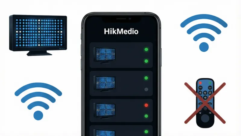 一张展示HikMedio应用主界面的手机截图,画面中央是手机屏幕,屏幕内显示深色背景的设备管理列表,顶部有