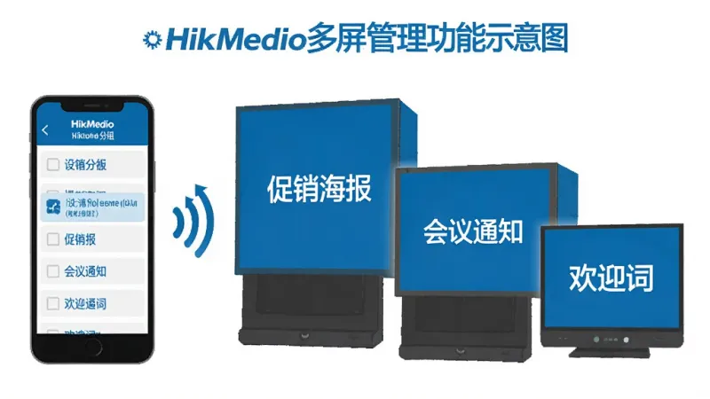 一张HikMedio多屏管理功能示意图,画面左侧是手机界面显示设备分组列表,右侧是三块不同尺寸的LED屏幕分别显示