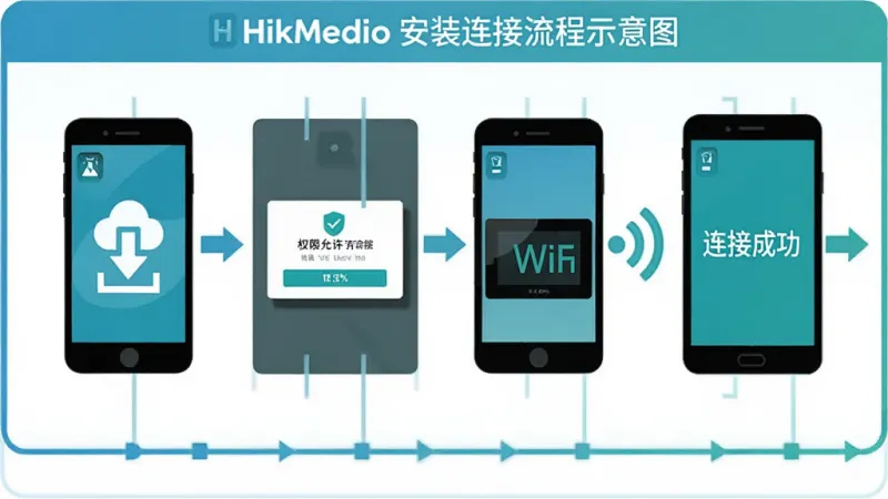 HikMedio安装连接流程示意图,画面从左到右依次为手机下载安装图标、权限允许弹窗示意、手机与LED屏幕通过WiFi信号连接、屏幕显示