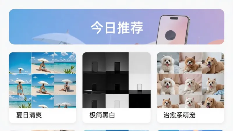 手机界面展示“瞬秀壁纸”的专题推荐页,顶部横幅写着“今日推荐”,下方卡片式排列多个专题合集,如“夏日清爽”“极简黑白”“治愈系萌宠”,每个专题配三张拼图预览,整体排版整洁,风格现代,画质干净,无多余元素