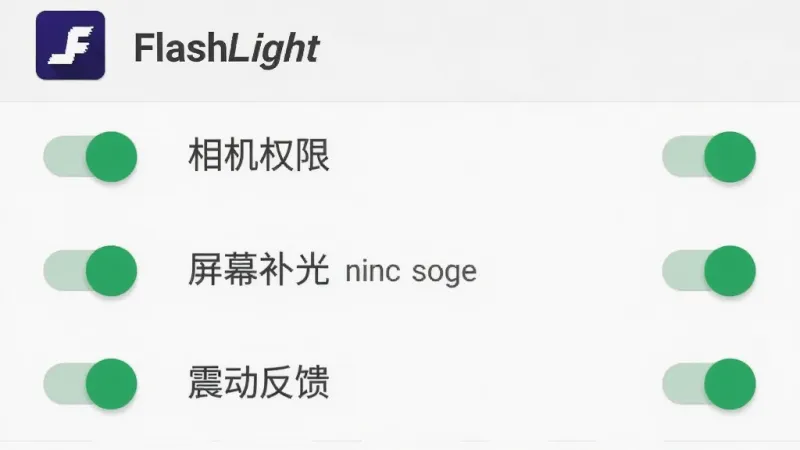 一部安卓手机显示FlashLight的应用设置页面,页面极简,只有三个选项开关:相机权限、屏幕补光、震动反馈,每个开关旁边配有简短的文字说明。页面顶部有FlashLight的应用图标和名称。背景为纯白色,文字为深灰色,开关为绿色激活状态。整体设计风格为Material Design扁平化,排版整齐,画质清晰。