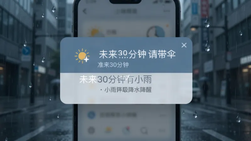 手机界面显示准天气预报的分钟级降水提醒弹窗,背景是城市街道和飘落的雨滴,弹窗内写着未来30分钟有小雨请带伞,界面风格简洁现代,蓝灰色调,画质干净