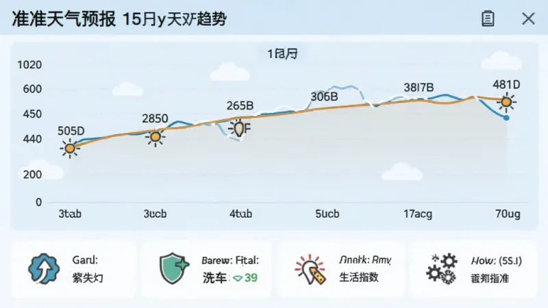 准天气预报的15天趋势页面截图,折线图显示温度变化,下方排列穿衣、洗车、紫外线等生活指数图标,界面以浅蓝色和白色为主,排版整齐,画质清晰