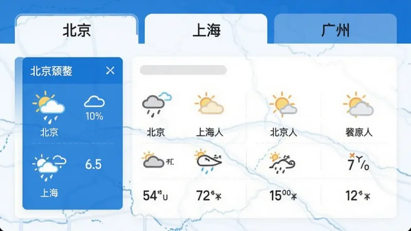 准天气预报的多城市管理界面,顶部标签栏显示北京、上海、广州三个城市名称,下方是当前选中城市的天气详情,界面布局清晰,蓝白配色,画质干净