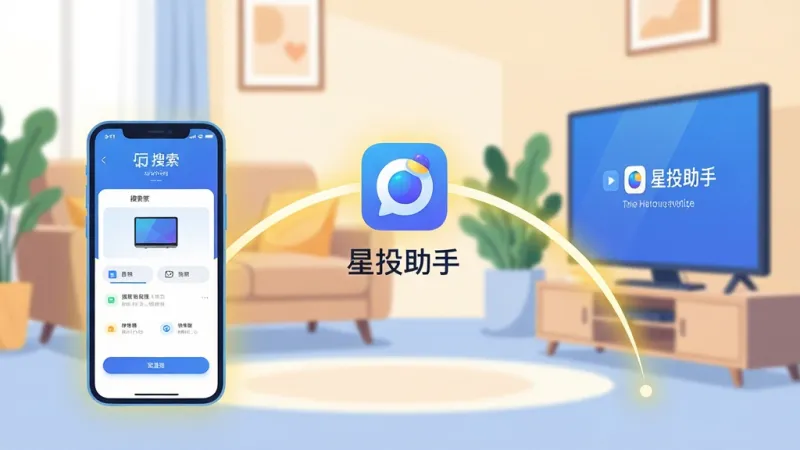 画面中心是一部智能手机和一台智能电视,两者之间用一条发光的弧线连接,弧线中间悬浮着“星投助手”的软件图标和文字标识。手机屏幕显示正在搜索设备的界面,电视屏幕显示已连接的提示。背景是温馨的客厅环境,有沙发和绿植的虚影。整体布局采用左右对称构图,手机在左,电视在右。风格为现代扁平化插画,色彩以蓝白为主,点缀柔和的暖黄色光晕。细节上手机和电视的边框圆润,图标清晰。画质高清,画面干净,无多余元素。