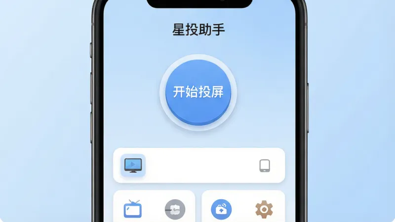 画面是一张手机应用界面的特写,界面顶部显示“星投助手”字样,中间是一个醒目的“开始投屏”圆形按钮,下方整齐排列着设备列表和功能图标,整个界面没有广告横幅和弹窗。布局采用居中对称设计,背景为柔和的浅蓝色渐变。风格为现代UI设计展示图,扁平化图标,圆角卡片式布局。细节上按钮有轻微的立体阴影,图标线条简洁。画质清晰干净,无多余装饰元素。