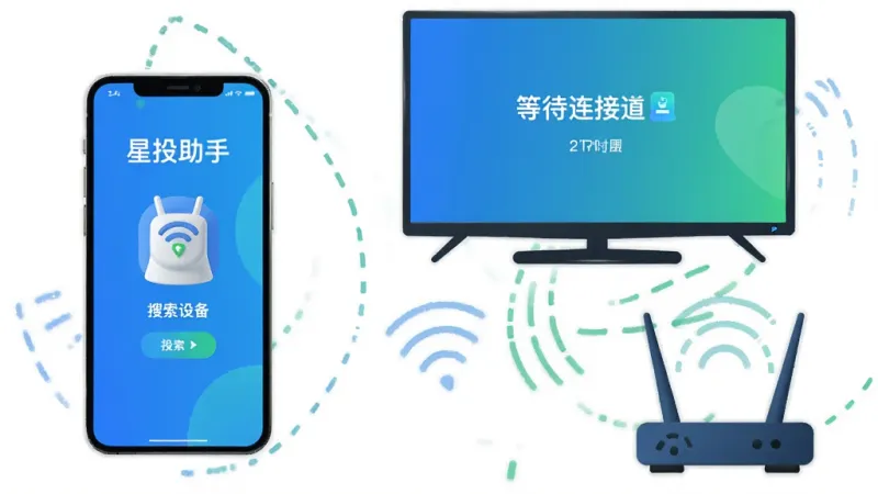 画面展示一部手机和一台电视处于同一WiFi网络环境下,手机屏幕显示“星投助手”正在搜索设备,电视屏幕显示等待连接的提示,旁边有一个路由器图标发出信号波纹。布局为三角形构图,手机、电视、路由器各占一角。风格为信息图插画,色彩明亮,以蓝色和绿色为主。细节上信号波纹用虚线表示,设备图标清晰。画质干净,无多余元素。