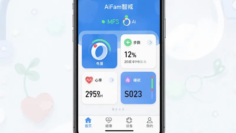 一张展示AiFam智戒App核心界面的手机截图,画面中央是软件首页,顶部显示“AiFam智戒”字样和戒指连接状态,中间是戒指电量、步数、心率、睡眠等数据卡片,底部为首页、健康、设备、我的四个导航标签,整体采用蓝白清爽配色,风格现代扁平,图标圆润,画质干净清晰,无多余元素