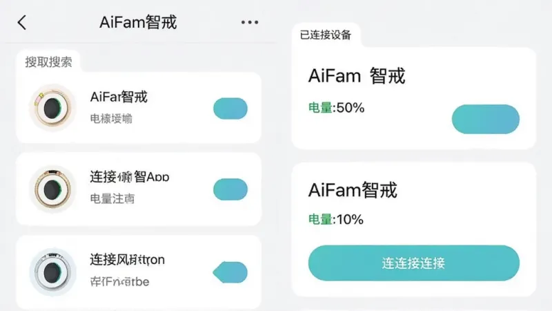 一张AiFam智戒App的设备连接管理界面截图,画面中展示搜索到的戒指列表和已连接设备卡片,卡片上有“AiFam智戒”名称、电量百分比和连接按钮,背景为浅色,风格简洁扁平,文字标签清晰,画质干净无多余元素
