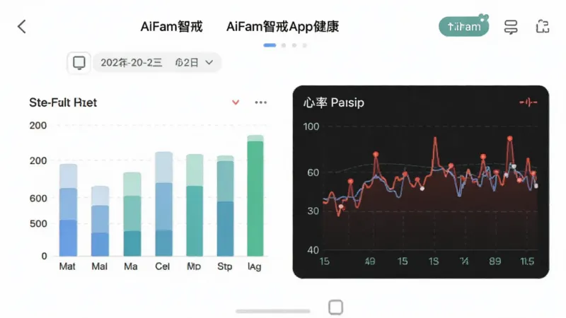 一张AiFam智戒App的健康数据页面截图,画面中展示步数柱状图和心率曲线图,图表上方有“AiFam智戒”标题和日期筛选标签,背景为白色,配色清新,风格现代扁平,画质干净清晰,无多余元素