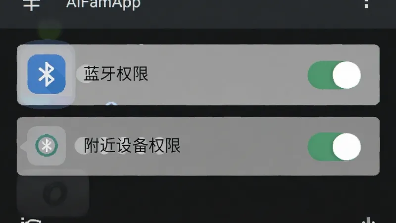一张展示安卓手机设置界面的示意图,画面中突出显示“蓝牙权限”和“附近设备权限”的开关状态,旁边有AiFam智戒App图标,风格简洁扁平,文字标签清晰,画质干净无多余元素