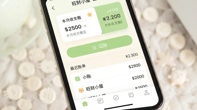 一张手机屏幕特写画面,屏幕中央显示一款名为“旺财小屋”的记账应用主界面,顶部是本月收支概览的卡片,中间是简洁的记账按钮和最近账单列表,底部是导航栏,整体布局干净清爽,色调以暖白和浅绿色为主,风格现代扁平化,画质清晰细腻,无多余装饰元素