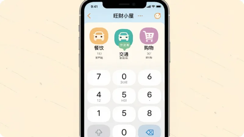 旺财小屋应用内的记账输入界面截图,画面中显示金额数字键盘和餐饮、交通、购物等分类图标,整体界面布局清晰,图标设计圆润可爱,背景为浅色系,风格简约清新,画质干净