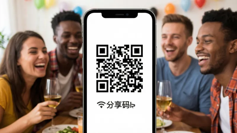一张展示万能WIFI连接免密软件生成WiFi分享二维码界面的图片,画面中手机屏幕中央显示一个二维码图案,下方有分享码文字,周围有朋友聚会的模糊背景,风格轻松活泼,细节清晰,画质干净无多余元素