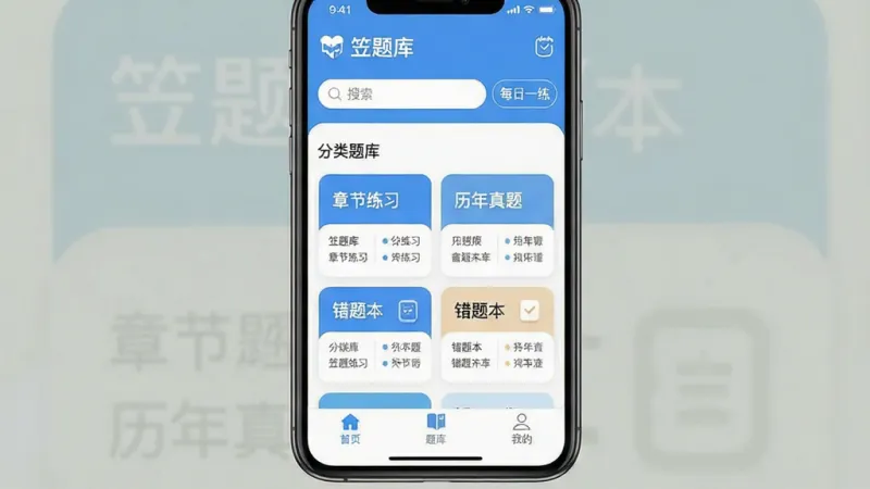 一张展示“笠题库”APP首页的手机界面截图,画面中央是手机屏幕,屏幕上显示“笠题库”应用主界面,顶部有搜索框和“每日一练”入口,中间是分类题库卡片列表,包含“章节练习”“历年真题”“错题本”等模块,底部为“首页”“题库”“我的”三个导航标签,整体布局清晰,以蓝白色调为主,风格简洁现代扁平化,细节圆润,画质干净无多余元素