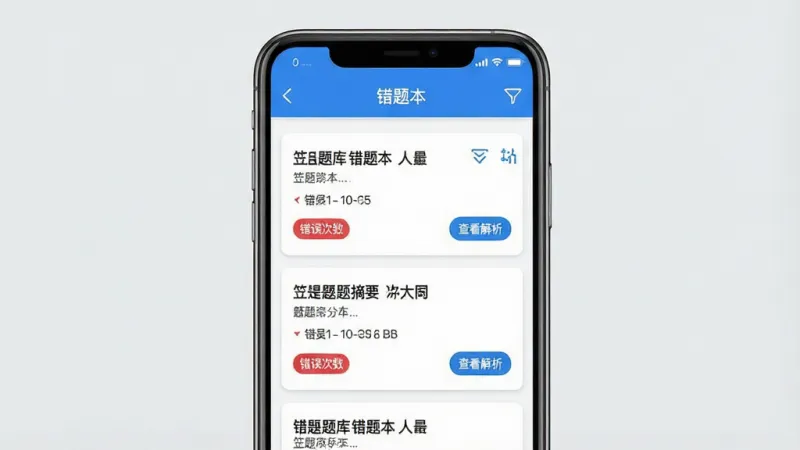 一张展示“笠题库”错题本功能的手机界面截图,画面中央是手机屏幕,屏幕上显示错题列表页面,顶部标注“错题本”字样,列表项包含题目摘要、错误次数标签和“查看解析”按钮,右侧有筛选和排序图标,背景为浅灰色,卡片式布局,蓝白配色,风格清爽干净,画质清晰无杂乱元素