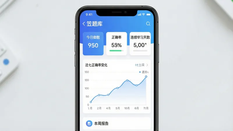 一张展示“笠题库”学习数据统计页面的手机界面截图,画面中央是手机屏幕,屏幕上显示数据看板,包含“今日做题”“正确率”“连续学习天数”三个数据卡片,下方是折线图展示近七日正确率变化,底部有“本周报告”入口,整体采用蓝白渐变配色,图表简洁清晰,风格现代扁平,画质干净无多余装饰