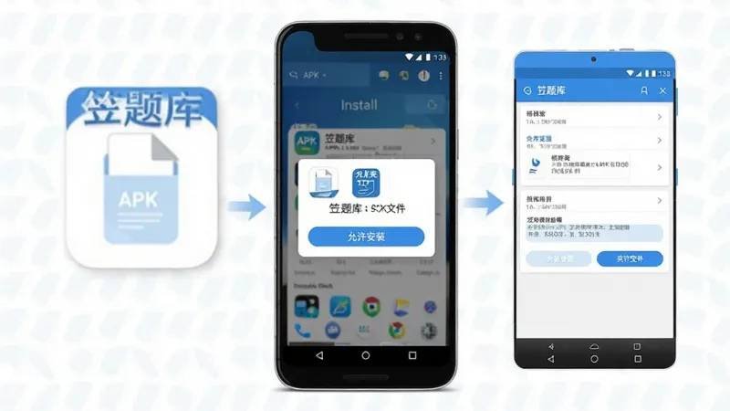 一张展示在安卓手机上安装“笠题库”APK文件的流程示意图,画面中央是手机屏幕,屏幕上显示安装确认弹窗,包含“允许安装”按钮和应用图标,旁边有权限设置界面的小图,整体以蓝白配色为主,风格简洁直观,画面干净清晰,无多余装饰元素