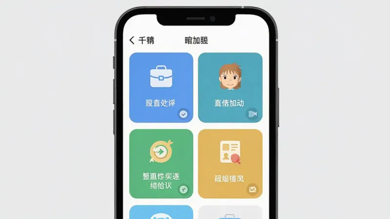 一张“千寻”App功能展示图,画面以手机屏幕为主,屏幕中呈现多个功能模块的卡片式布局,每个卡片配有简洁图标和文字标签,背景为浅灰色,风格扁平化,画质清晰干净,无多余装饰元素