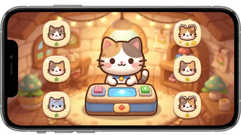 一张手机屏幕展示猫猫造梦屋合emoke游戏主界面,画面中央是可爱的猫猫角色和合成台,周围散落着不同等级的猫猫图标,背景是温馨的造梦屋场景,暖色调,布局清晰,风格治愈卡通,细节圆润,画质干净无多余元素