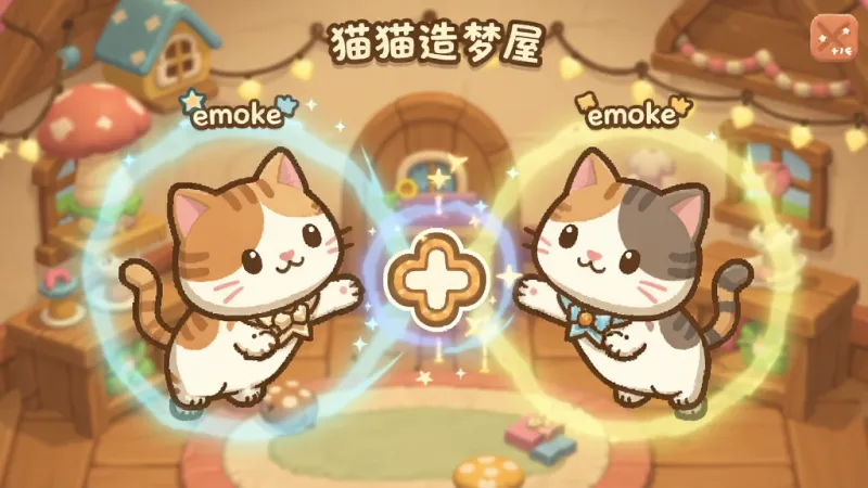 猫猫造梦屋合emoke游戏内合成界面特写,展示两只相同等级猫猫拖拽合成瞬间,画面中有合成特效光晕,背景是造梦屋装饰元素,风格治愈卡通,暖色调,布局居中,细节清晰,画质干净无多余元素