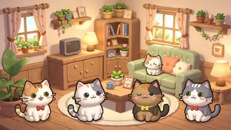 猫猫造梦屋合emoke造梦屋场景展示,画面中展示多个不同等级猫猫角色排列在温馨房间内,房间有家具装饰,风格治愈卡通,暖色调,布局错落有致,细节丰富,画质干净无多余元素