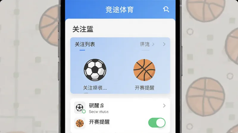 竞途体育 订阅管理界面,手机屏幕显示球队关注列表与开赛提醒开关,界面元素包含足球与篮球图标,整体色调清爽,布局规整,扁平化设计,画质干净