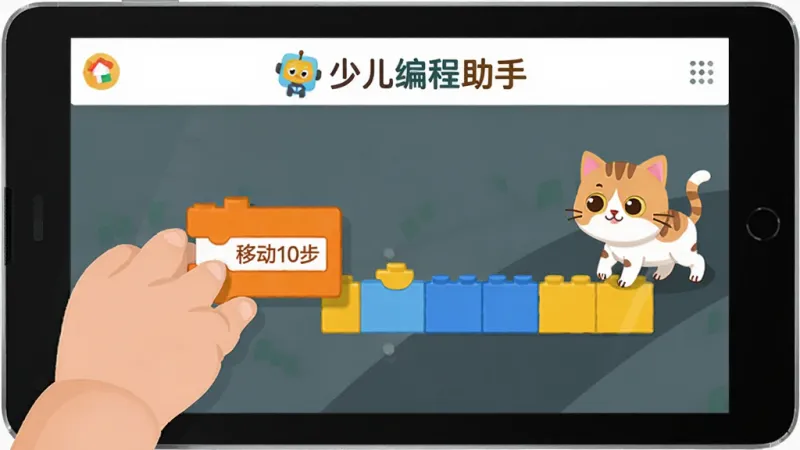 少儿编程助手积木式编程功能展示图,画面是一双孩子的小手正在安卓平板屏幕上拖拽一块橙色的「移动10步」积木块,旁边已经拼好了一串蓝色和黄色的积木,屏幕右侧一只卡通小猫正沿着路径行走,界面顶部显示少儿编程助手的标志,整体布局清晰,风格卡通扁平,色彩明快,画质干净无多余元素