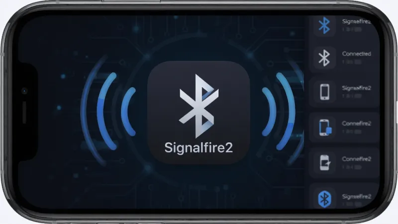 一张展示Signalfire2软件核心界面的手机截图,画面中央是“Signalfire2”应用图标,背景为深色科技感风格,周围环绕着蓝牙信号波纹和连接设备列表的简约图形,布局清晰,风格现代扁平,细节圆润,画质干净无多余元素