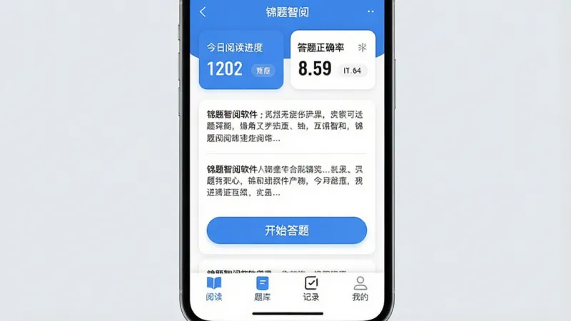 一张展示锦题智阅软件核心界面的手机截图风格图片,画面中央是锦题智阅APP的主页,上方显示今日阅读进度和答题正确率卡片,中间是文章列表和开始答题按钮,底部导航栏有阅读、题库、记录、我的四个图标,整体蓝白配色,布局干净清爽,风格现代扁平化,细节圆润,画质清晰干净无多余元素