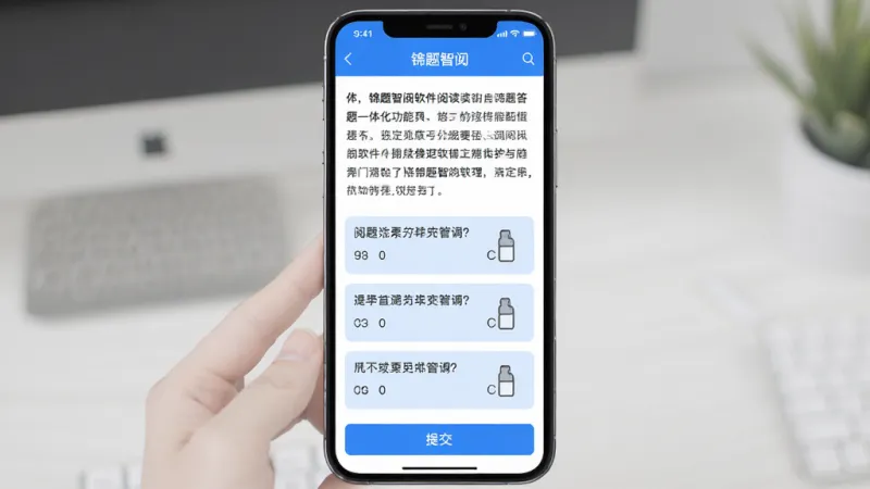 锦题智阅软件中阅读答题一体化功能的界面展示,手机屏幕上显示一篇文章下方紧跟三道选择题,题目区域用浅蓝色背景突出,选项排列整齐,底部有提交按钮,页面顶部标题为锦题智阅,整体风格简洁明快,蓝白主色调,布局清晰,画质干净无杂乱元素
