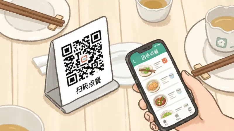一张俯视视角的插画,画面中间是一张餐桌,桌角立着一个二维码立牌,旁边有一只手拿着手机正在扫描,手机屏幕上显示“迅手点餐”的菜品列表界面,餐桌上有碗筷和茶杯,布局简洁明了,风格为清新手绘风,细节上二维码立牌有“扫码点餐”字样,画质柔和干净,无杂乱背景元素