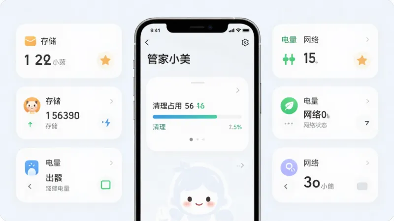 手机界面展示“管家小美”运行状态页面，屏幕中央显示清理进度条和内存占用数据，周围有简洁的数据卡片展示存储、电量、网络状态，背景为浅色，风格干净清爽，画质清晰无杂乱元素