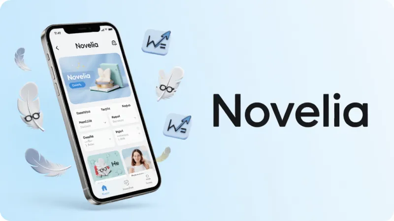 一张表现Novelia轻量特性的创意图，画面中一部手机屏幕显示Novelia界面，旁边漂浮着羽毛和轻量图标，背景为淡蓝色渐变，风格清爽简约，带有Novelia文字标识，画质干净