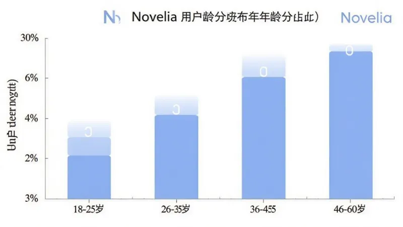 一张柱状图展示Novelia用户年龄分布，横轴为18-25岁、26-35岁、36-45岁、46-60岁四个年龄段，纵轴为用户占比，柱体为柔和蓝色，图表简洁清晰，带有Novelia标识，背景白色干净