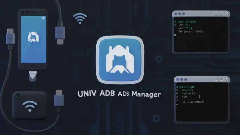 一张展示UNIV ADB Manager主界面的手机截图，画面中央是软件图标和名称