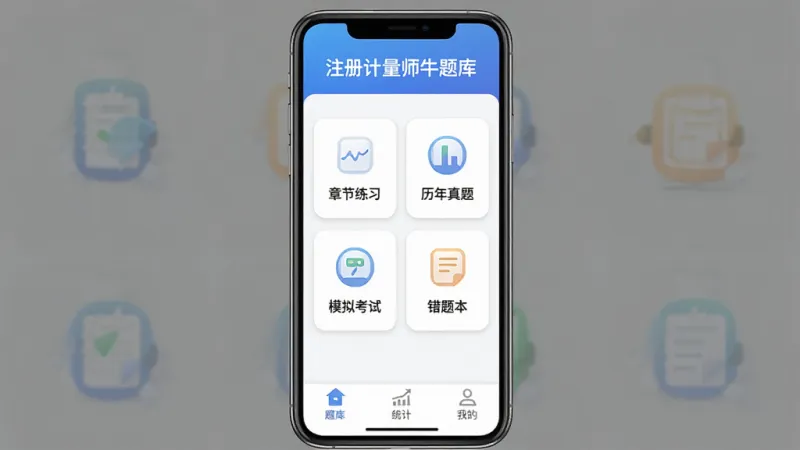 注册计量师牛题库App主界面全貌,手机屏幕居中展示,顶部为蓝色渐变标题栏写着“注册计量师牛题库”,中间是章节练习、历年真题、模拟考试、错题本四个功能卡片整齐排列,底部为题库、统计、我的三个导航标签,整体风格清爽扁平,细节圆润,画质干净无多余元素