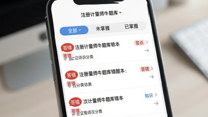 注册计量师牛题库错题本界面,手机屏幕显示错题列表,每道题标注“答错”红色标签和知识点分类,顶部有“全部”“未掌握”“已掌握”筛选标签,界面干净整洁,画质清晰