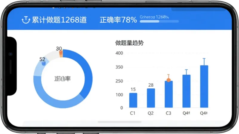 注册计量师牛题库学习统计界面,手机屏幕展示环形正确率图表和柱状做题量趋势图,顶部显示“累计做题1268道”“正确率78%”,配色为蓝白为主,风格现代扁平,画质干净