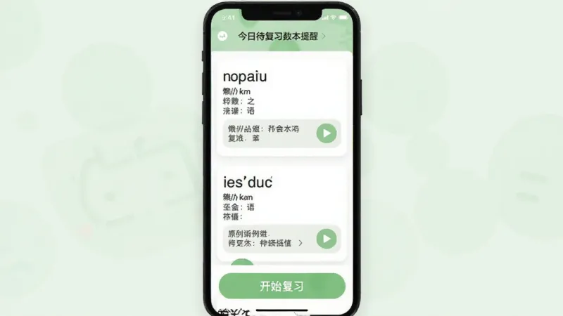 懒人英语生词本复习界面生图,手机屏幕显示生词卡片列表,每张卡片上有英文单词、音标、中文释义和原声例句播放按钮,顶部有今日待复习数量提醒,底部有开始复习按钮,界面以浅绿色和白色为主色调,卡片式布局,风格清新简洁,画质干净无杂乱
